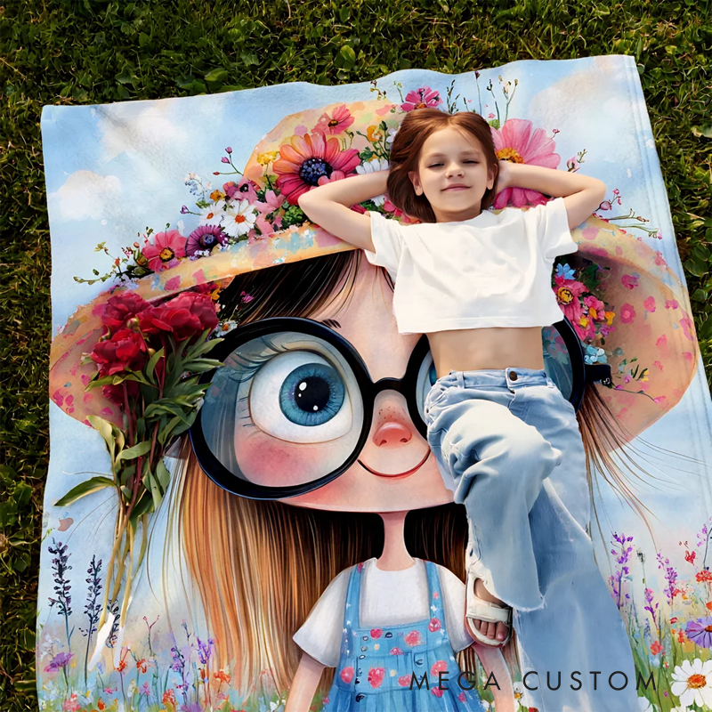 Personalized Cartoon Quirky Flower Girl Soft Throw Blanket with Name Home Decor Daily Use Christmas Gift