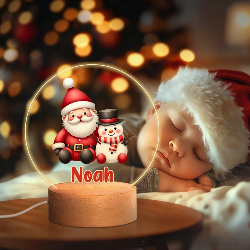 Personalized Cartoon Santa Claus Acrylic LED Night Light with Name and Wooden Base Room Decor Christmas Gift for Kid Baby