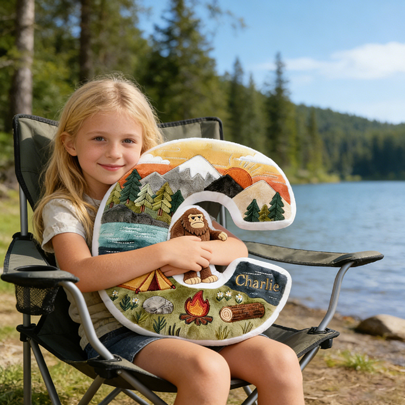 Personalized Sasquatch Camping Alphabet Initial Letter Pillow Gifts For Camping Lovers and Bigfoot Seekers