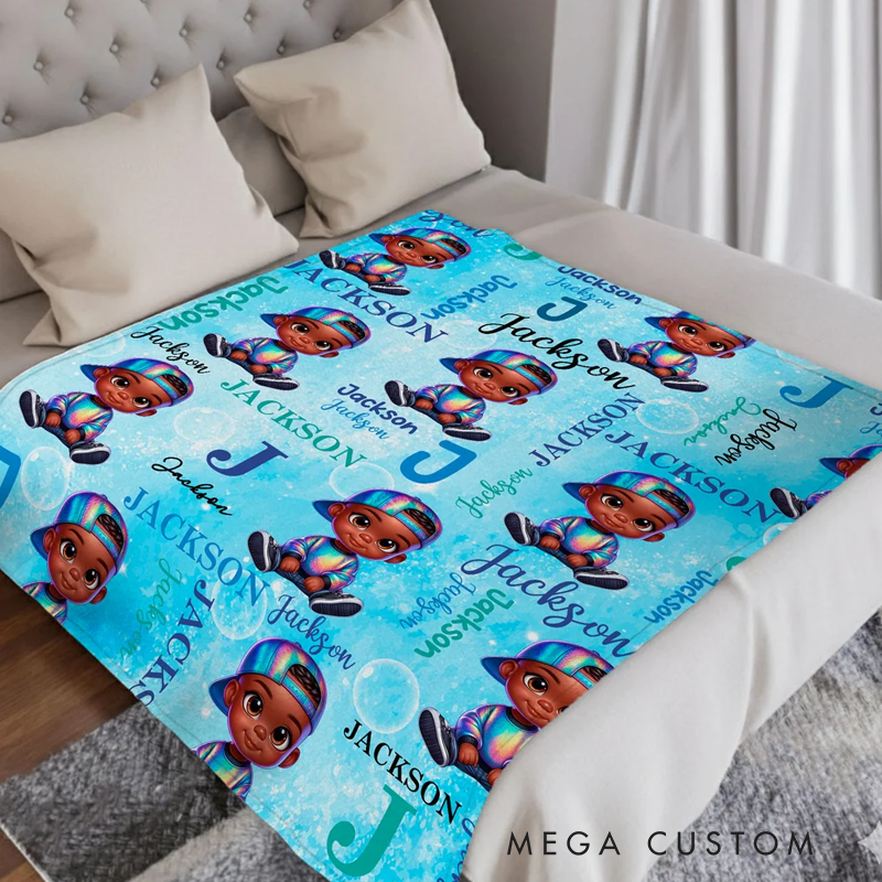 Personalized Cartoon Black Character Fantasy Unicorn Rainbow Soft Throw Blanket with Name Home Decor Birthday Christmas Gift for Boys Girls