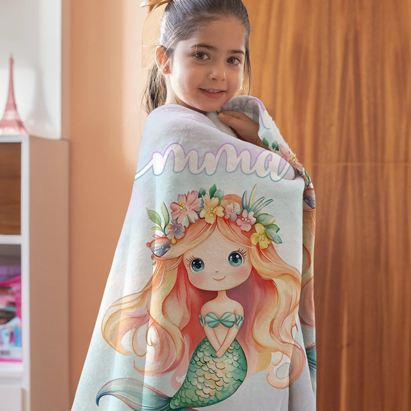 Personalized Fantasy Mermaid Princess Underwater World Soft Throw Blanket with Name Home Decor Birthday Gift for Girls