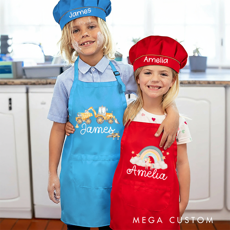 Personalized Dream Lands Kids Art Apron Art Party Apron Chef Hat Set with Name Cooking Handcraft Activities Birthday Holiday Gift for Kids