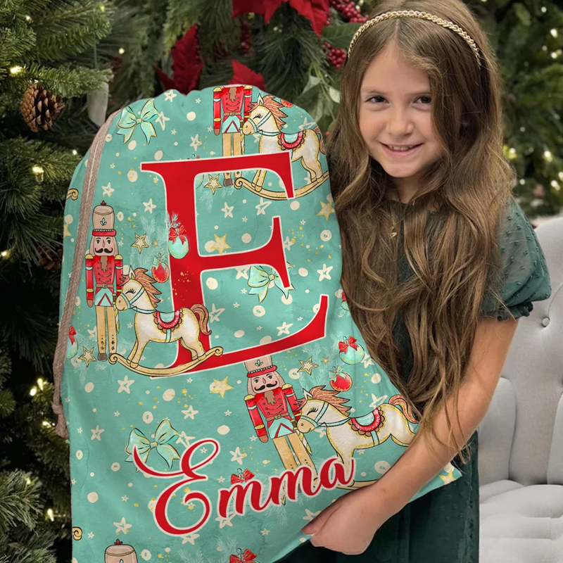 Personalized Christmas Tree Cartoon Nutcracker Canvas Drawstring Gift Bag with Name and Initial Christmas Gift 