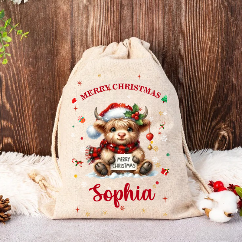 Personalized Cartoon Christmas Hat Highland Cow Christmas Bag with Name Christmas Gift for Family Friends