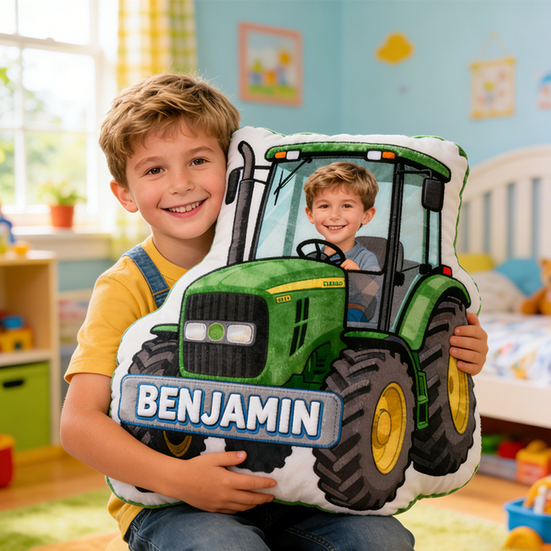 Personalized Tractor Pillow with Custom Name and Photo Cushion Gift for Kids 