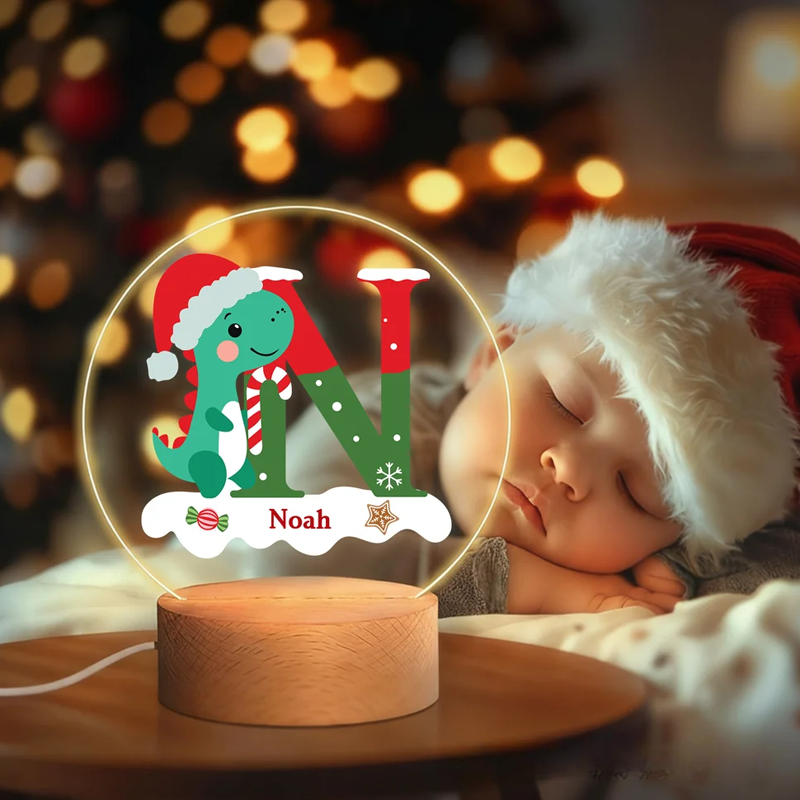 Personalized Santa Hat Dinosaur Initial LED Night Light with Name and Wooden Base Home Decor Christmas Gift for Kids
