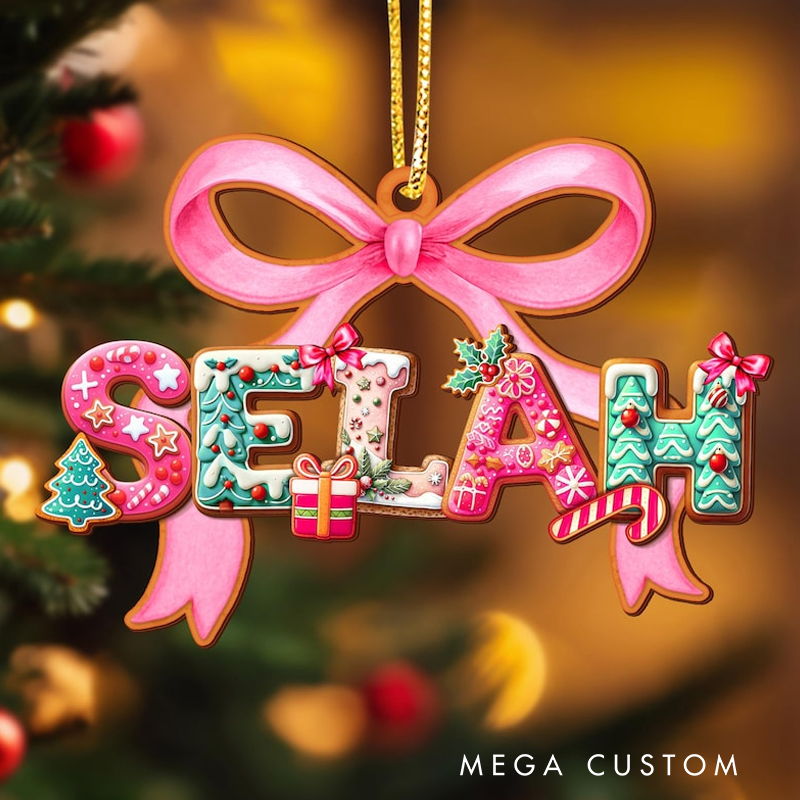 Personalized Pink Bow Letter Name Christmas Ornament for Baby Girl Toddler Girl Christmas Gifts Kids Stocking Tag Coquette Girls Ornament