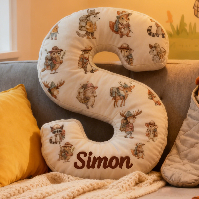 Personalized Woodland Adventure Custom Initial Pillow Cute Animals Happy Camper Forest Animal Pillow Gifts for Hiking Camp Lover