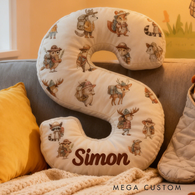 Personalized Woodland Adventure Custom Initial Pillow Cute Animals Happy Camper Forest Animal Pillow Gifts for Hiking Camp Lover