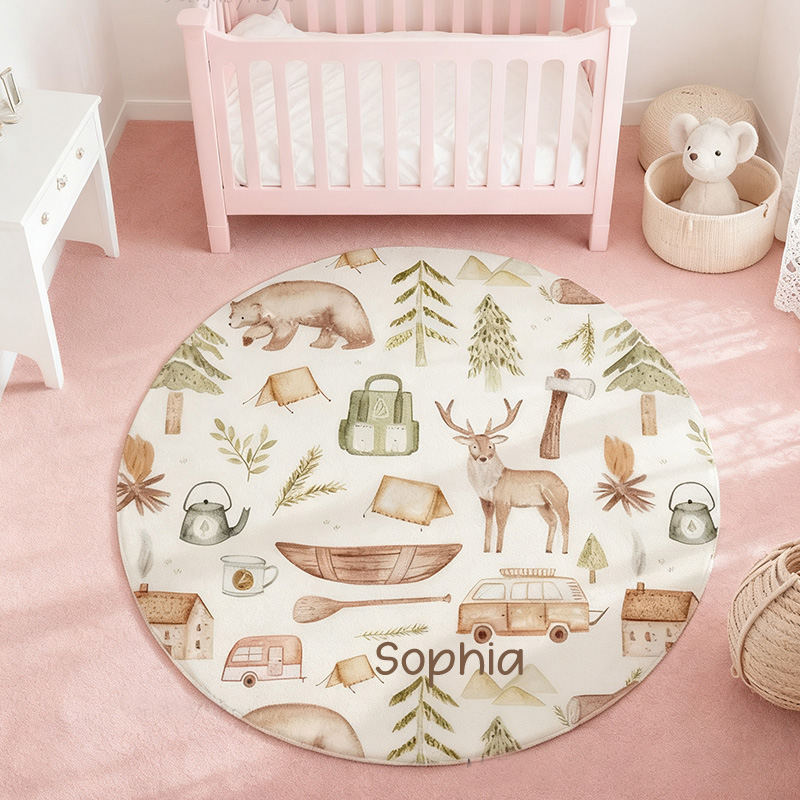 Personalized Woodland Camping Round Rug Kids Playroom Decor Mountain Forest Adventure Kids Room Rug Outdoor Lovers Gift