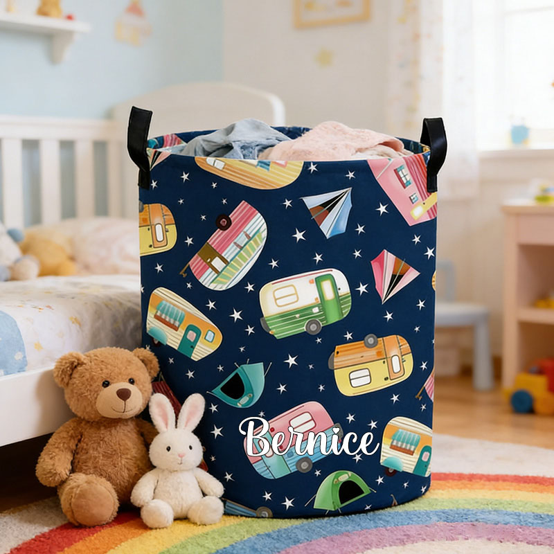 Personalized Camper Themed Laundry Storage Basket Retro Camper Basket Basket with Name Gifts for Kid Outdoor Camping Lover