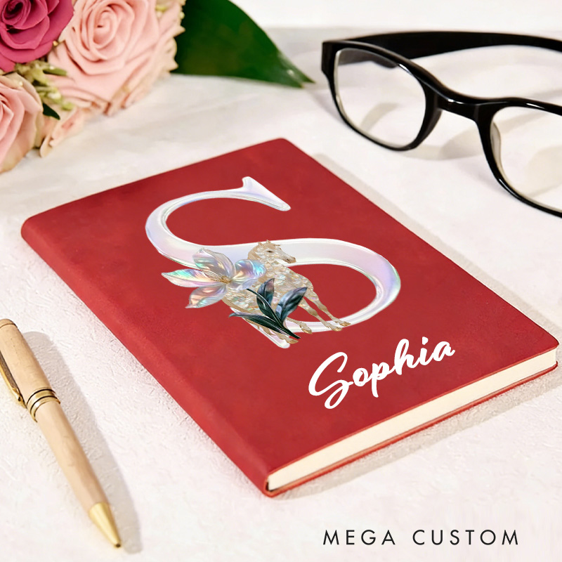 Personalized Horse Riding Birth Flower Initial A5 A6 PU Leather Notebook with Name Birthday Gift for Horse Lovers Riding Lovers Equestrian Lovers