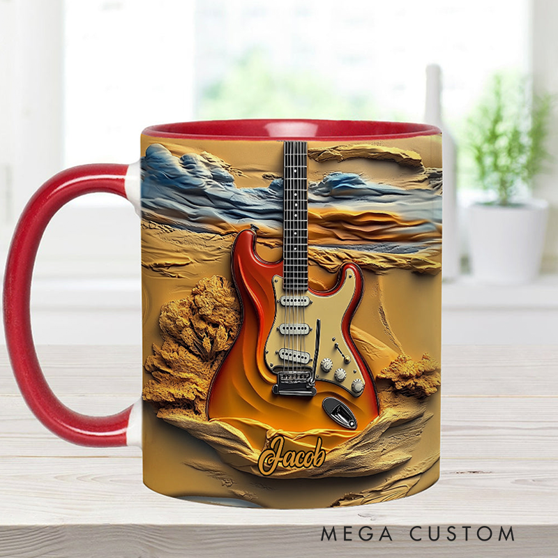 Personalized Name Stereoscopic Vintage Guitar Accent Mug Custom Guitar Themed Mug for Music Lovers