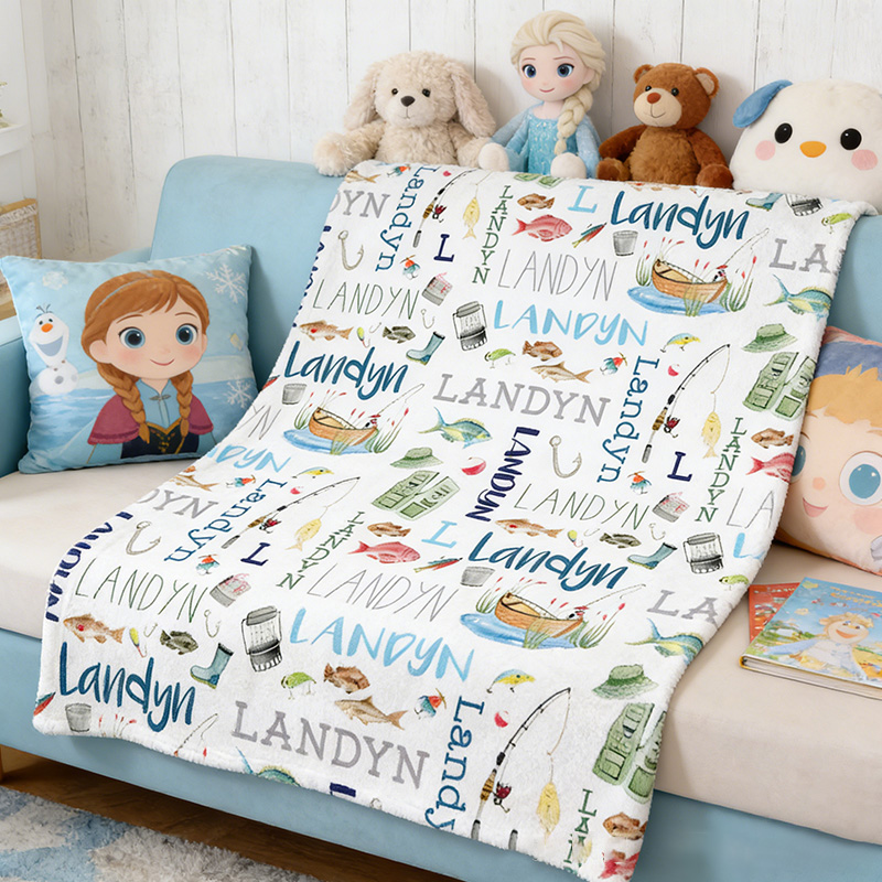 Personalized Fishing Blanket Fishing Blanket Name Pattern Outdoor Fishing Lover Blanket Gift for Kid