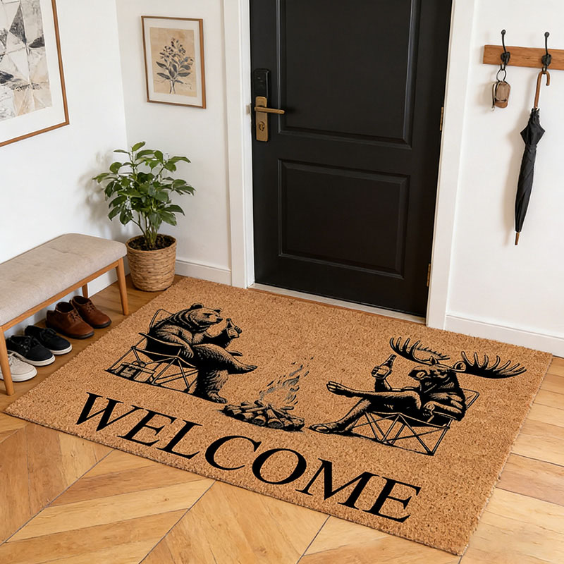 Personalized Welcome Bear & Moose Camp Fire Camping Cabin Funny Coir Doormat Door Mat Newlywed Wedding Gift New Home