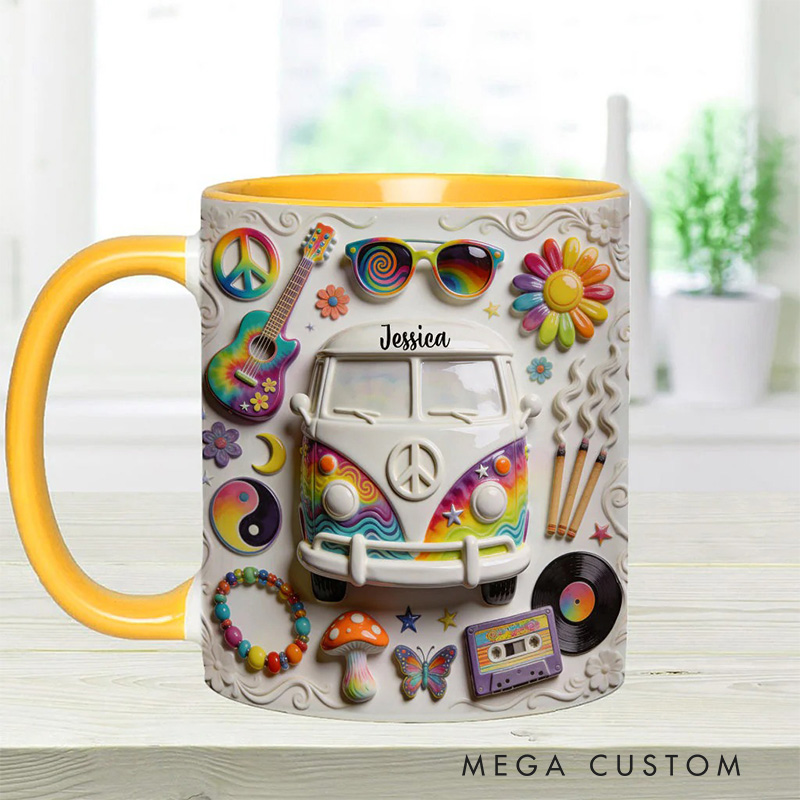 Personalized 2D Flat Hippie Love Hope Peace Mug Custom Name Colorful Hippie Car Hippie Coffee Mug Bohemian Coffee Mug