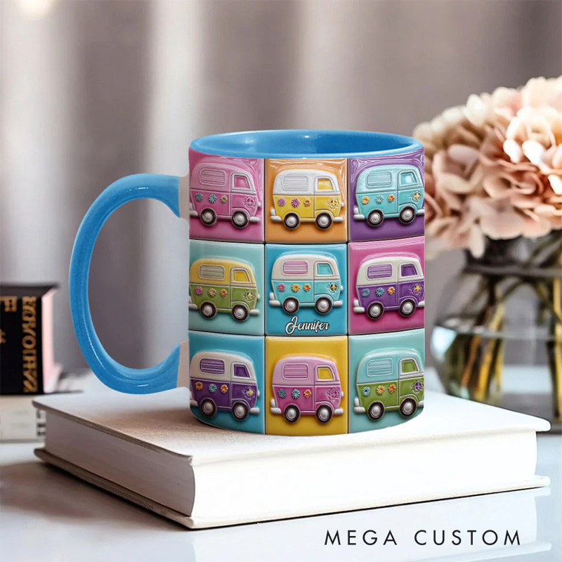 Personalized 2D Flat Hippie Caravans Mug Custom Name Colorful Hippie Car Hippie Coffee Mug Bohemian Coffee Mug
