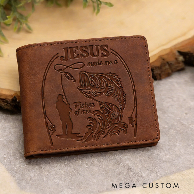 Personalized Jesus Made Me A Fisher of Men Leather Bifold Wallet with Custom Name Christian Fishing Multi Pocket Wallet Religious Gift for Men Dad