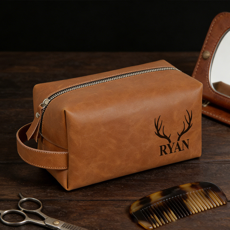 Personalized Hunting Toiletry Bag Custom Dopp Kits Engraved Leather Toiletry Bag for Deer Hunter Dad Husband Father Gift