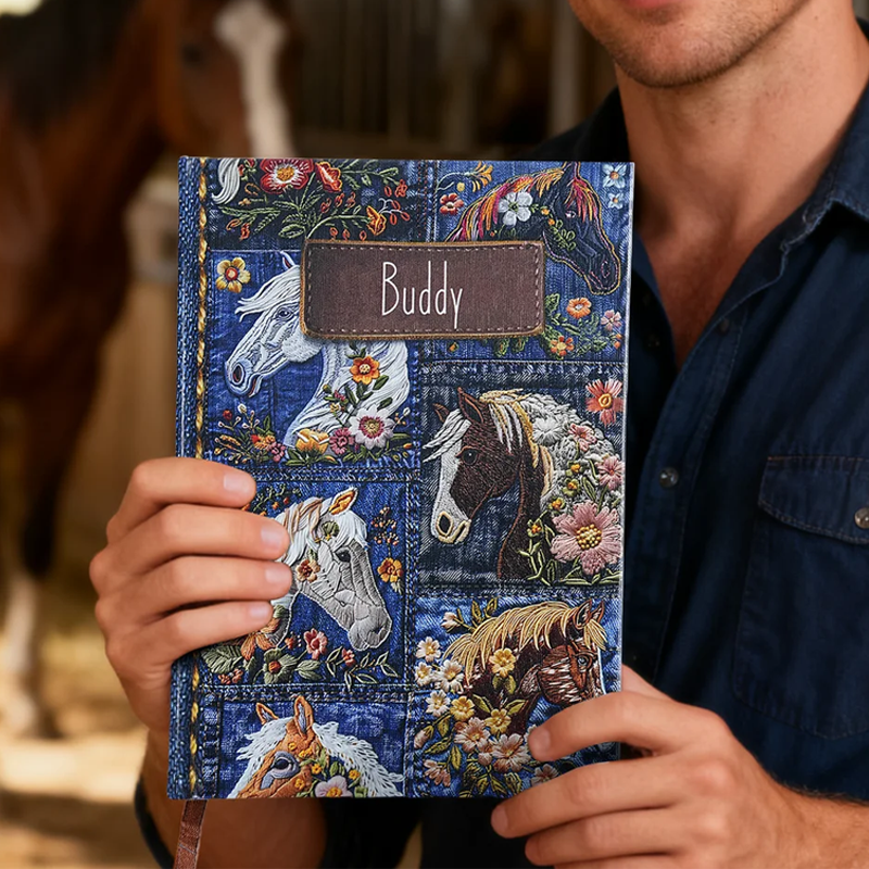 Personalized Faux Embroidered Horse Chicken Cow Flower Denim Journal N