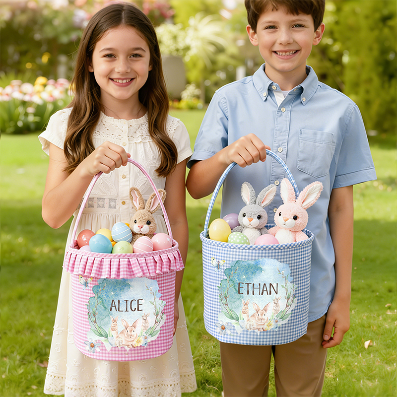Personalized Name Watercolor Bunnies Gingham Easter Basket with Ruffle Multicolor Easter Treat Bag Easter Party Favor Easter Gift for Kids Boys Girls