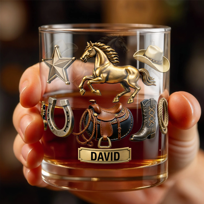 Personalized Classic Western Theme Horse and Cowboy Gear Personalized Custom Whiskey Glass Gift for Dad and Horse Lovers