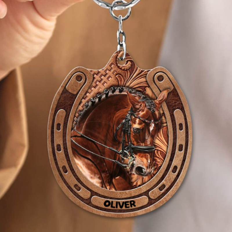 Personalized Love Horse Breeds Custom Name Leather Pattern Keychain Gift for Dad and Horse Lovers