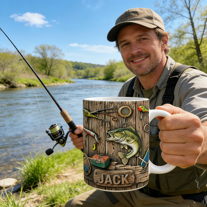 Personalized Fishing Mug Custom Wood Texture Lure Theme Ceramic Cup for Anglers  