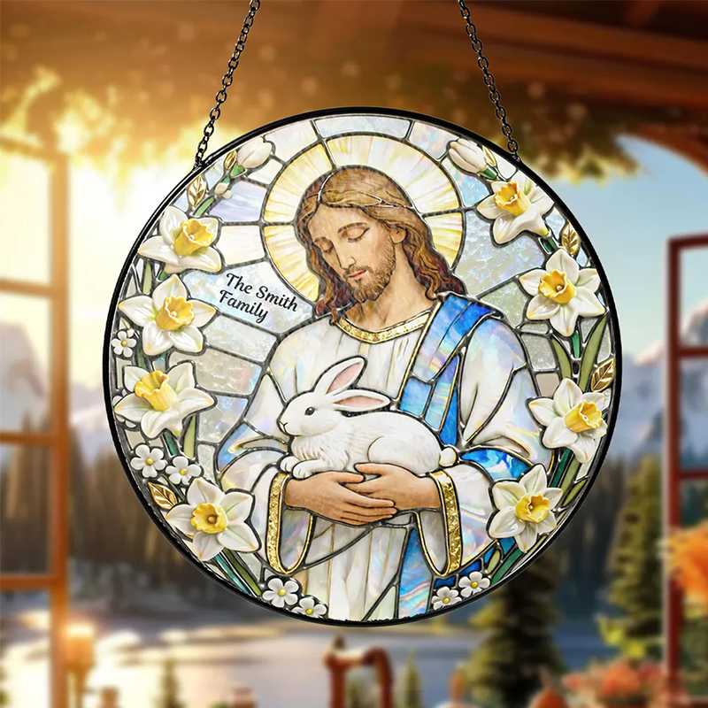 Personalized Christian Sun Catcher Jesus With Bunny Glass Suncatcher Ornament for Easter Window Display Unique Religious Gift