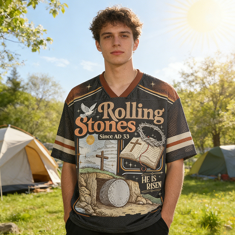 Personalized Rolling Stones He Is Risen Mesh Football Jersey Custom Name and Number Religious Easter Gift for Faithful Fans