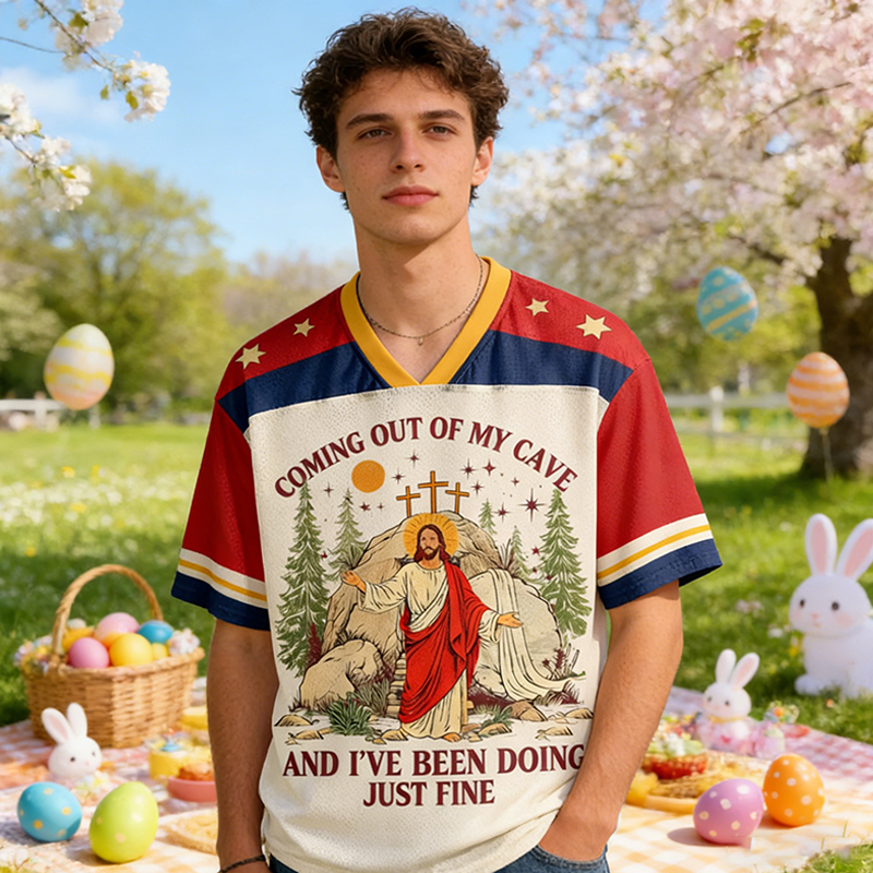 Personalized Coming Out of My Cave Mesh Football Jersey Custom Name and Number Christian Resurrection Shirt for Faithful Men Women