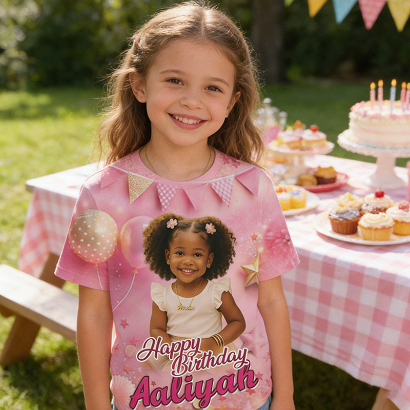 Personalized Princess Castle Birthday All-Over Print T-Shirt Custom Photo and Name Kids Birthday Gift for Little Princess