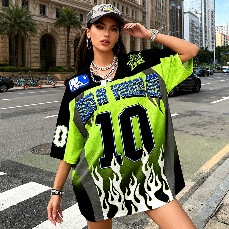 Personalized Green Flame Mesh Jersey Custom Number Vibes On Worries Off Y2K Sportswear