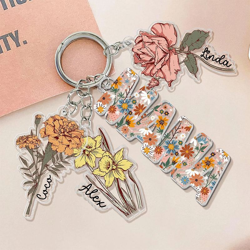 Personalized Mother's Day Gift For Mom Custom Grandma Keychain With Birth Month Flowers Charm Mama Keychain Gift From Kids Grandma Gifts