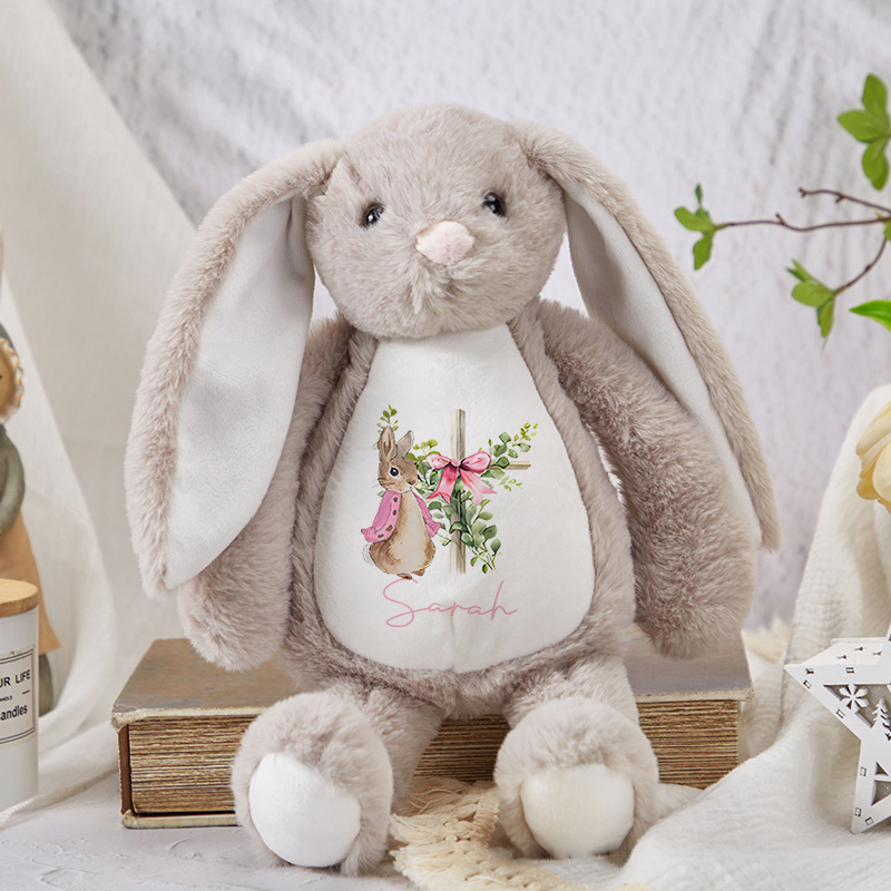 Personalized Easter Eggs Floral Cross Cute Plush Bunny Stuffed Animal Toy with Name Easter Baby Shower Birthday Gift for Kids
