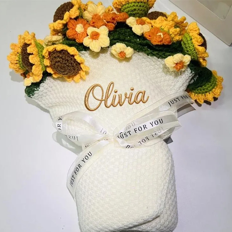 Personalized Crochet Sunflower Bouquet Blanket Custom Name Floral Edge Knit Throw for Her Anniversary Birthday Mother's Day Gift 