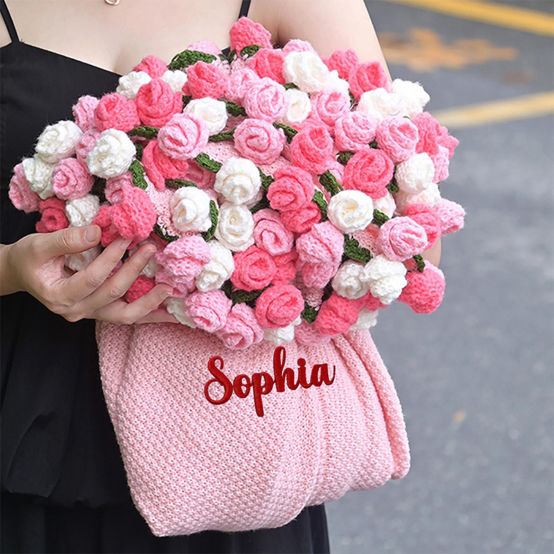 Personalized Pink Crochet Rose Bouquet Blanket Flower Blanket Custom Name Floral Knit Wrap for Her Mother's Day Gift