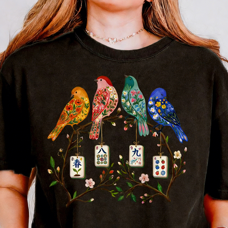 Mahjong Bird on Tile Branch T-Shirt Spring Mahjong Shirt Girls Night Game Mahjong Love Spring Mahjong Bird Shirt Mother's Day Gift for Mahjong Lover Mama