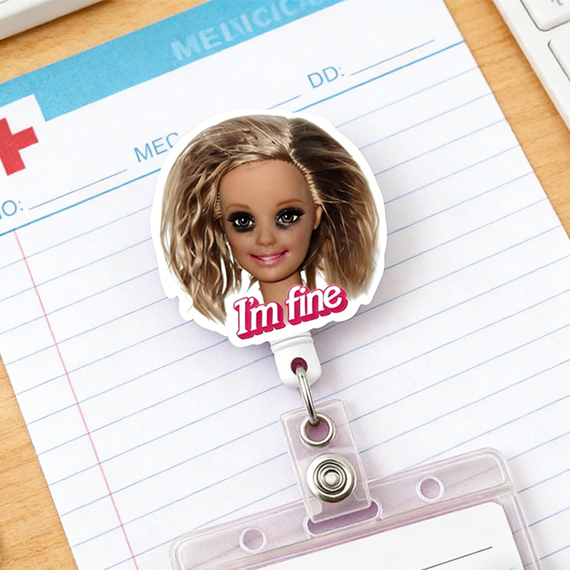 Personalized Relatable Meme Badge Reel  I'm Fine Doll Badge Funny Nurse Badge Busted Doll ID Holder for Overworked Professionals
