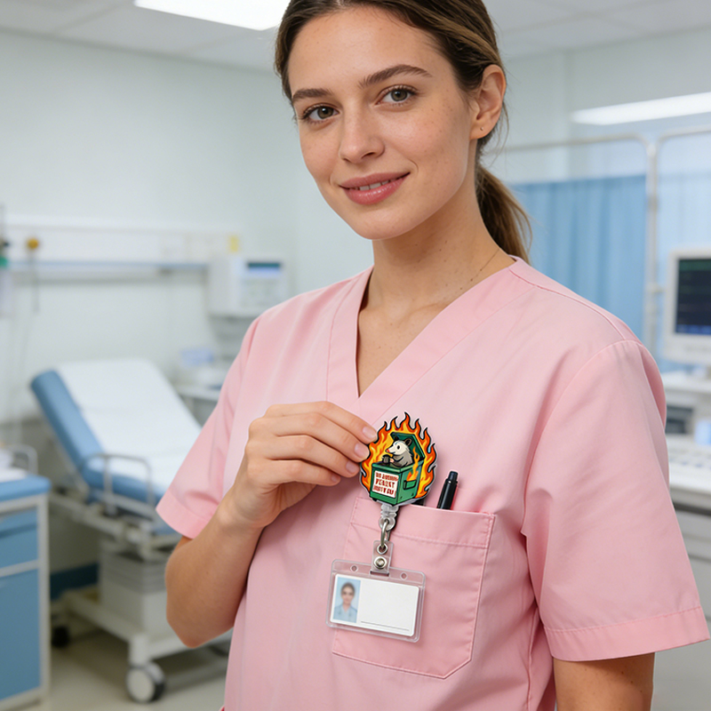 Personalized Possum Badge Reel Funny Dumpster Fire Nurse ID Holder Retractable Clip for Office and Hospital Staff