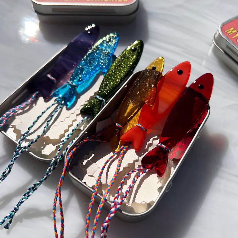 Wonky-Dines! Mystery 6-Pack of Stained Glass Sardine Suncatchers with Metal Tin! Handmade Sardine Suncatcher