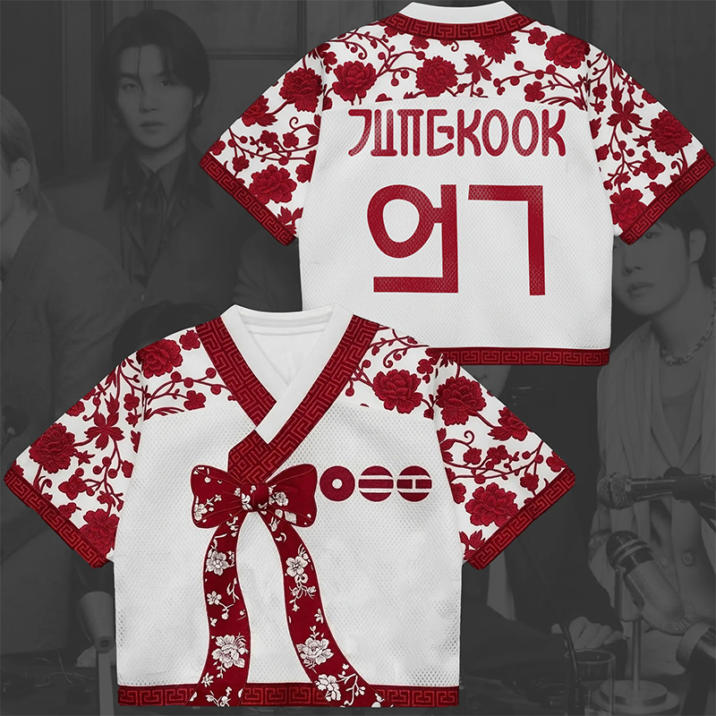 Personalized K-Pop Fan Jersey Red Floral Hanbok Style Mesh Crop Jersey Concert Jersey for Fans