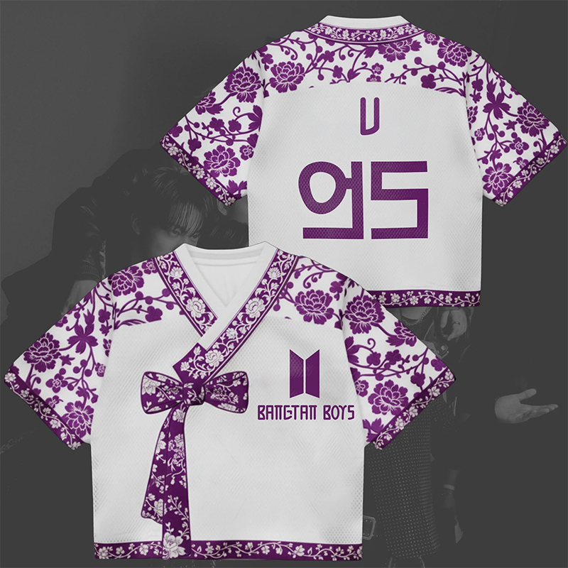 Personalized Bangtan Boys Hanbok Crop Jersey BTS K-Pop Flowery Purple Arirang World Tour Hanbok Style Mixed Mesh Jersey Gift For Army