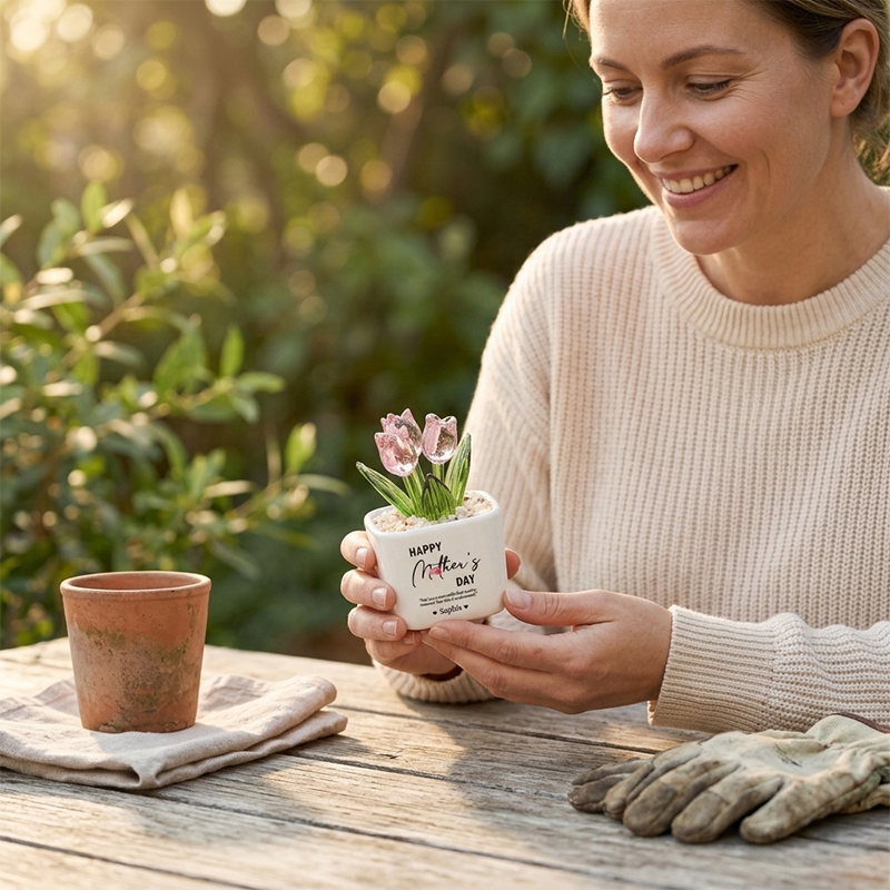 Personalized Mother's Day Glass Tulip Planter Custom Name Pink Tulip Glass Plant Pot for Mom Grandma