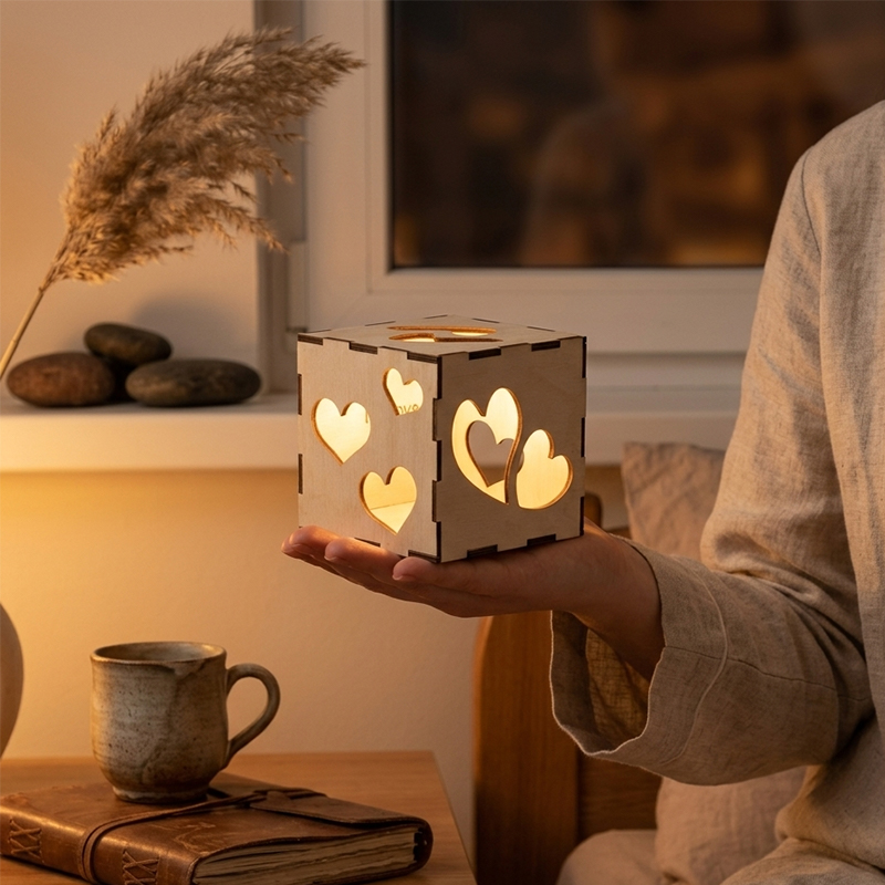 Personalized Mothers Day Gift Heart Cutout Wooden Night Light Custom Text Projection Lamp for Mom