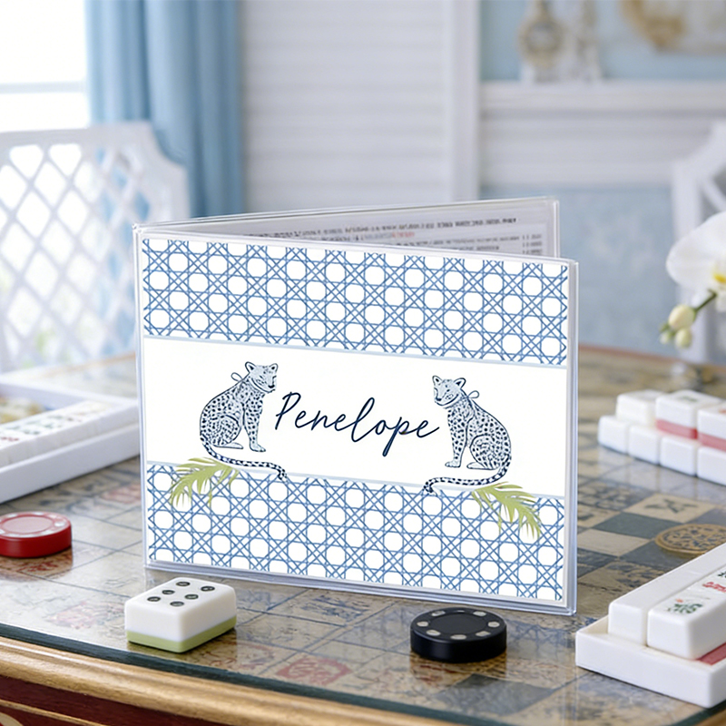 Personalized Blue Rattan Cheetah Mahjong Tile Cover Custom Name Tropical Palm Mahjong Tile Cover for Game Nights