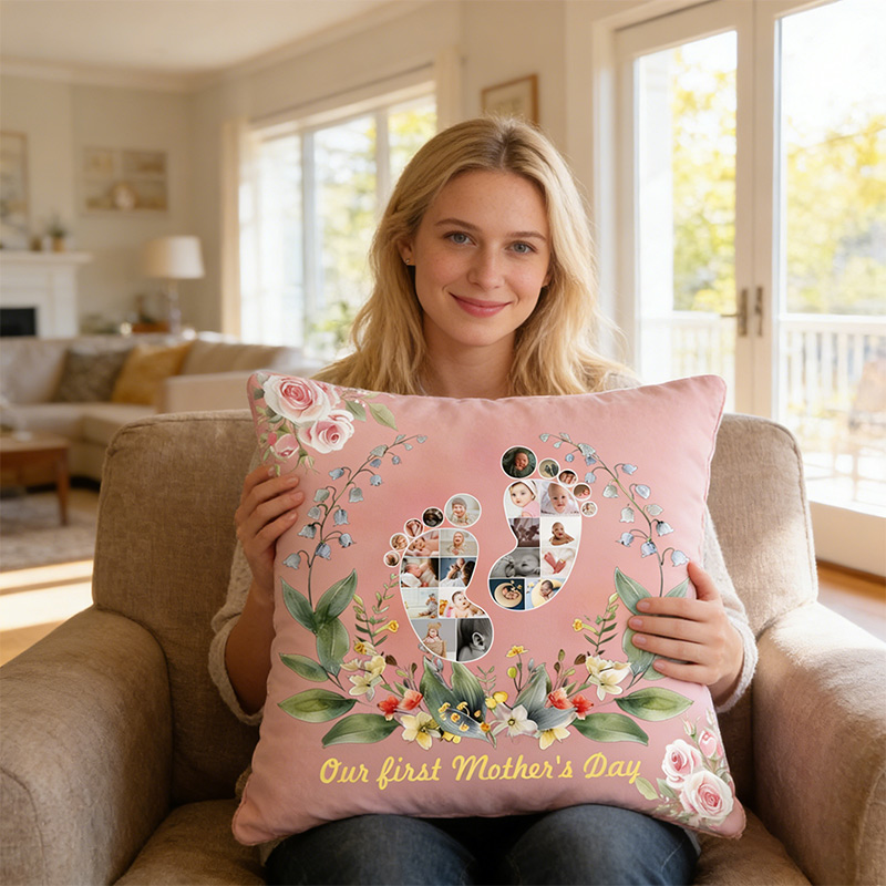 Personalized New Mom Birth Flower Pillow with Baby Photos Happy 1st Mother's Day Throw Pillow Mothers Day Gift For Mom