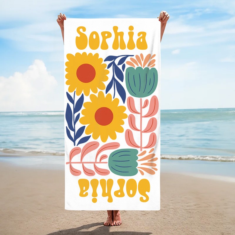 Personalized Yellow Floral Quick Dry Oversized Beach Towel with Name Summer Vacation Pool Party Gift for Kids