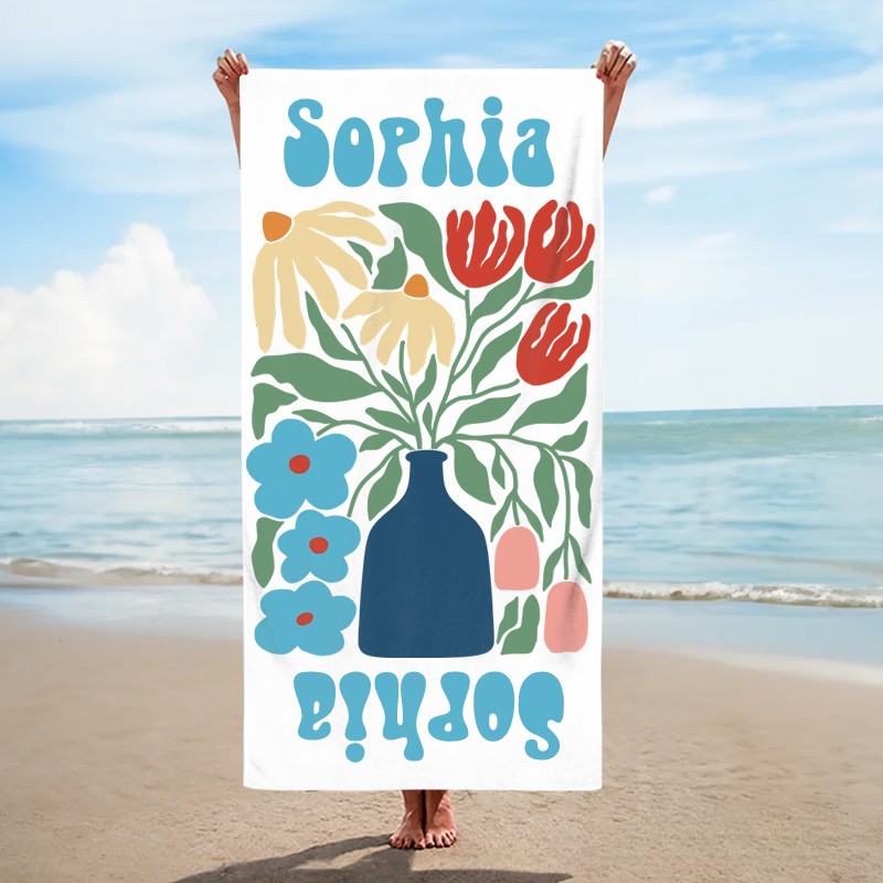 Personalized Blue Floral Quick Dry Oversized Beach Towel with Name Summer Vacation Pool Party Gift for Kids