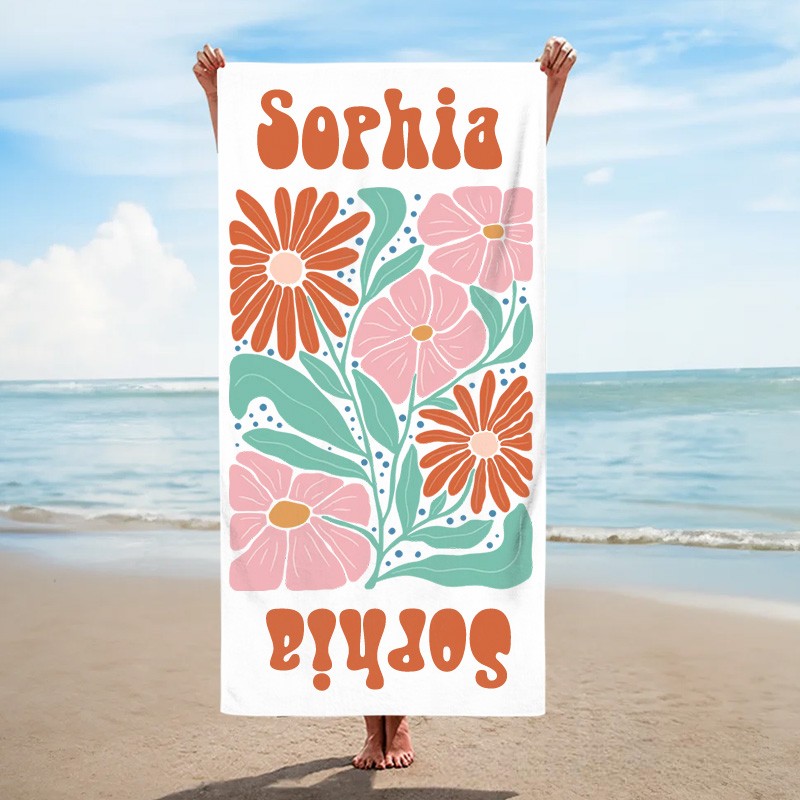 Personalized Pink Floral Quick Dry Oversized Beach Towel with Name Summer Vacation Pool Party Gift for Kids